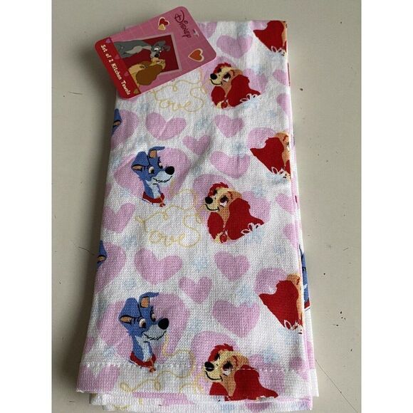 2 Pack Disney Lady And The Tramp Kitchen Towels Hearts Valentines Day NEW - Picture 1 of 13
